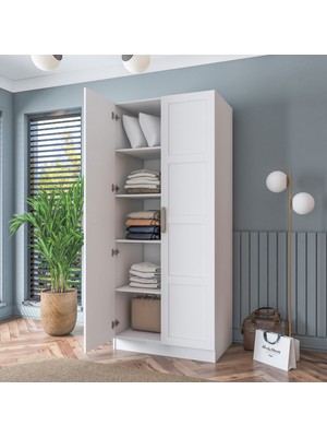 Rani BA188 Membran Kapaklı Gardırop 4 Raflı 2 Kapaklı Elbise Dolabı Beyaz