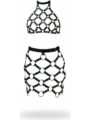 İlk El Grup Ieg™ Siyah Etek Suni Deri Etek Metal Halkalı Mini Etek - BRF1289