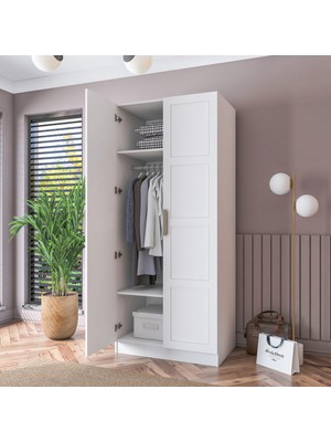 Rani BA189 Membran Kapaklı Gardırop 2 Raflı 2 Kapaklı Elbise Dolabı Beyaz