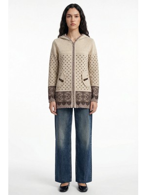 Sementa Kapüşonlu Fermuarlı Yün Triko Ceket - Vizon - Sütlükahve