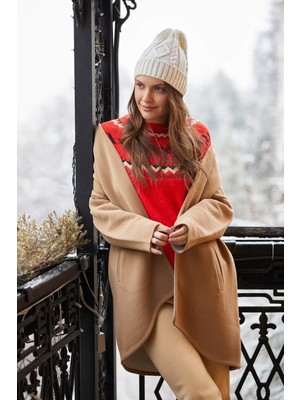 Sementa Şal Yaka Pelerin Triko Hırka - Kamel