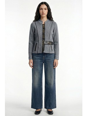 Sementa Suni Deri Detaylı Yünlü Kadın Triko Ceket - Koyu Gri - Siyah