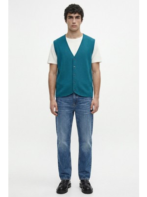 Sementa Klasik V Yaka Triko Yelek - Koyu Turkuaz - Siyah