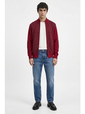 Sementa Desenli Dik Yaka Fermuarlı Triko Hırka - Bordo - Siyah