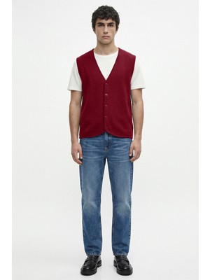 Sementa Klasik V Yaka Triko Yelek - Bordo - Siyah