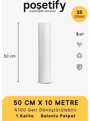Poşetify 50 cm x 10 m Balonlu Naylon Patpat | 1. sınıf | 3 Katlı | 5 m2 | 35 gr/m² | Kalın Paketleme Rulosu | Patpat