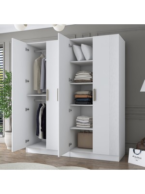 Rani BA186 Membran Kapaklı Gardırop 5 Raflı 2 Askılı 4 Kapaklı Elbise Dolabı Beyaz