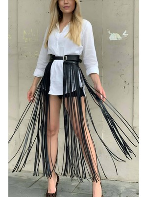 İlk El Grup Ieg™ Yüksek Bel Şık Deri Püsküllü Seksi Etek - BRF1003