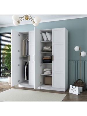 Rani BA194 Membran Kapaklı Gardırop 5 Raflı 2 Askılı 4 Kapaklı Elbise Dolabı Beyaz
