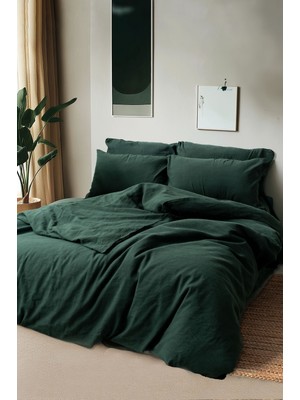 Barine Yıkanmış Keten Çift Kişilik Nevresim Seti Yeşil