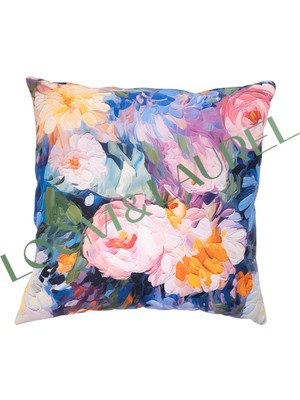 Loom & Laurel İçi Dolu Krep Örgü Üzerine Dijital Baskılı Kırlent 45x43 cm | Mavi Ağırlıklı Çiçekli Dekoratif Yastık