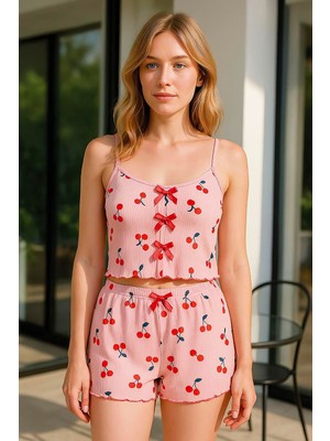 İlk El Grup Ieg™  Pembe Kiraz Desenli Kurdelalı Askılı Şortlu Pijama Takımı