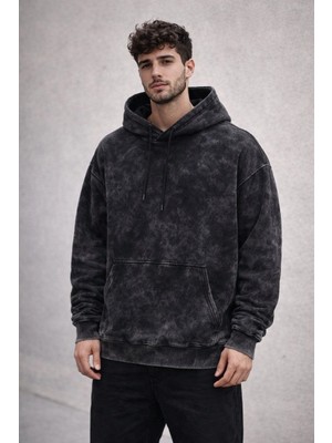 İlk El Grup Ieg™ Erkek Yağ Yıkamalı Kapşonlu Double Oversize Üç Iplik Pamuklu Sweatshirt - Siyah
