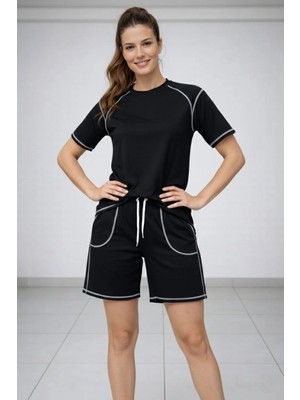 İlk El Grup Ieg™ Kadın Spor Tişört Şort Takım Kontrast Dikiş Detaylı Ovarsize Rahat Kalıp - Siyah