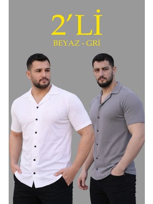 İlk El Grup Ieg™ Erkek Waffle Dokuma Açık Yakalı Düğmeli Regular Kalıp 2’li Gömlek Seti - Beyaz  Gri