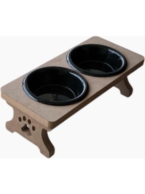 Hype Store Ahşap Demonte 2 Plastik Taslı Kedi Mama ve Su Kabı Siyah