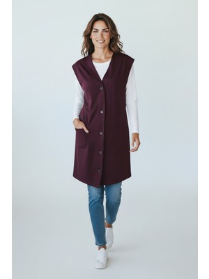 Ece Giyim Kadın Vizon  Büyük Beden Uzun Düğmeli Yelek