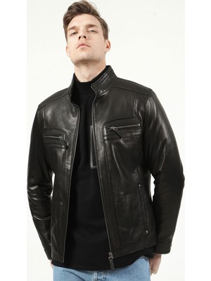 Dericlub E-1004 Jumbo Deri Ceket Erkek İçin Siyah Düz Desenli 2XL Kaliteli Mont