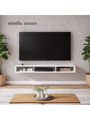 Mobilyacın Dekoratif Raflı Duvar Tv Ünitesi  Üç Bölmeli Beyaz 150