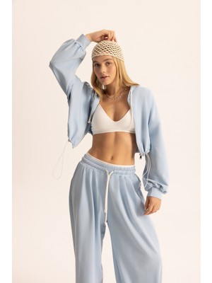 Mai Olin Bel Detay Mavi Kapüşonlu Crop Eşofman Takım