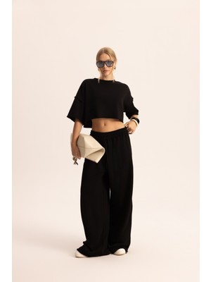 Mai Block Pis Detay Siyah Crop Eşofman Takım