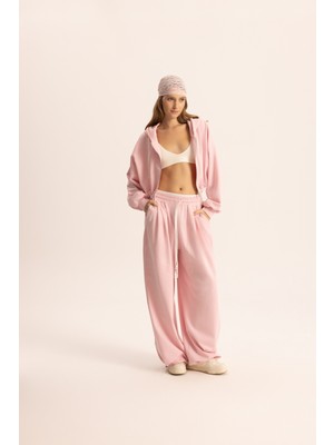 Mai Olin Bel Detay Pembe Kapüşonlu Crop Eşofman Takım