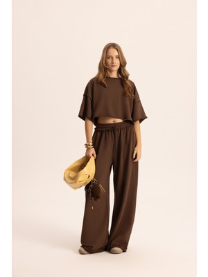 Mai Block Pis Detay Kahve Crop Eşofman Takım