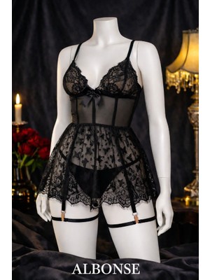 albonse Siyah Kelebek Baskılı Dantel Detaylı Zarif Tül Kadın Gecelik Takımı