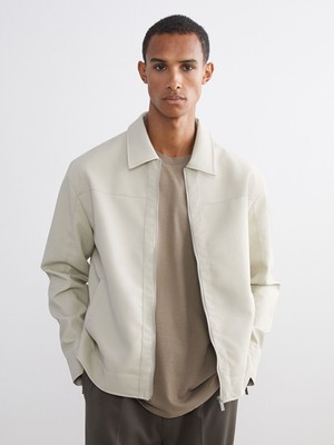 LC Waikiki Gri Standart Kalıp Gömlek Yaka Erkek Deri Görünümlü Ceket