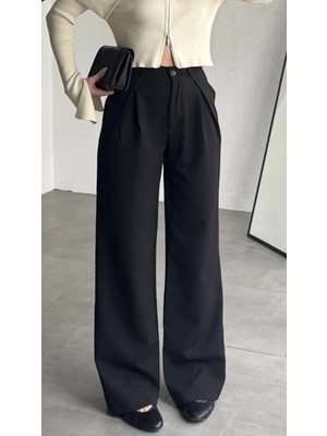 Asfa Moda Kadın Siyah Yüksek Bel Pileli Kumaş Pantolon Wide Leg Bol Paça Şık Ofis Palazzo