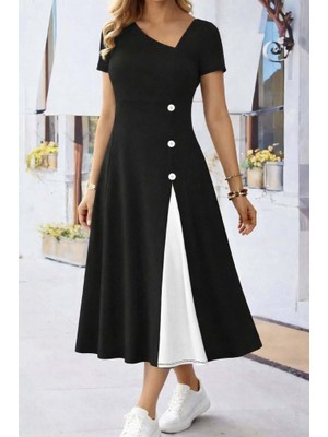 Nova Epoxy Art Kadın Kısa Kollu Asimetrik Yakalı Düğme Detaylı Midi Viskon Elbise