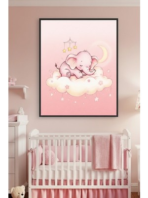 Safir Design Bulut Üstünde Uyuyan Pembe Fil Kız Bebek Kız Çocuk Odası Çerçeveli Tablo