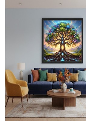 Safir Design Mistik Hayat Ağacı ve Kristal Köklü Fantastik Çerçeveli Tablo