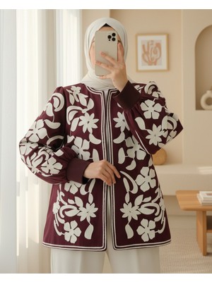 Modamorfo Kolu Ve Önü Nakışlı Astarlı Ceket -Mürdüm