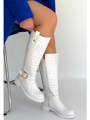 İsmiyle Al Metta Beyaz Cilt Desenli Çizme