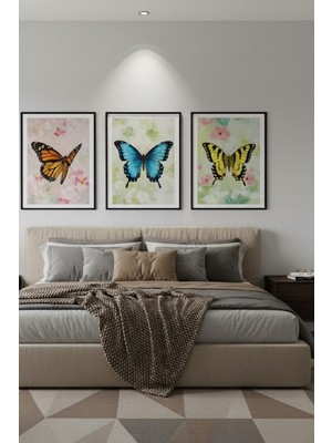 Safir Design Pastel Tonlarda Üçlü Çerçeveli Kelebek Tablosu
