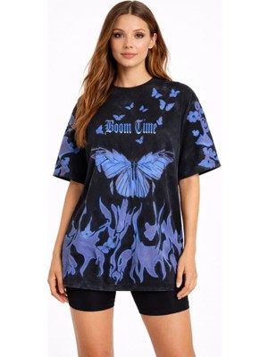 Passense Asit Yıkamalı Oversize Tişört Mavi Kelebek Baskılı Dijital Print Bisiklet Yaka Streetwear T-Shirt - Siyah