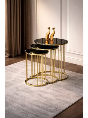 Çelsan Piyano Borulu 3’lü Zigon Sehpa Seti – Gold Metal Ayaklı Siyah Cam | Yerli Üretim