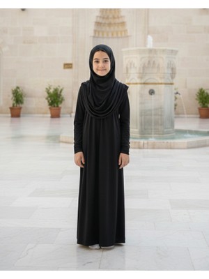İhvan Online Pratik Başörtülü Tek Parça Çocuk Namaz Elbisesi 8-12 Yaş - Siyah