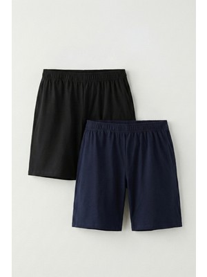 elemge Pamuklu 2'li Paket Erkek Pijama Şort Ince Penye Siyah & Lacivert Cepli Rahat Kalıp Terletmez Likralı Compact Penye Süprem
