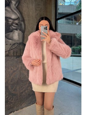 Miss Swans Sally Kruvaze Yaka Kısa Kürk Kaban Pudra