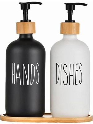 Hype Store Modern Cam Sıvı Sabunluk Seti, Bambu Kapaklı, Siyah ve Beyaz, 500ML, Mutfak Banyo Için El ve Bulaşık
