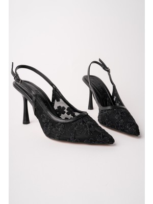 Muggo Aris Dantel Detaylı Sivri Burun Arkası Açık Ince Topuklu Kadın Abiye Ayakkabı