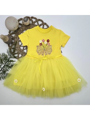 İsmiyle Al 1-2-3 Yaş Tül Fiyonk Çiçekler Nakışlı Astarlı Kız Bebek Tütü Elbisesi Sarı