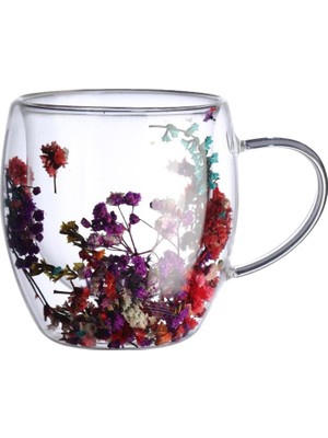 Delixa Çift Cidarlı Borosilikat Cam Bardak 2’li Set 250 ml Kurutulmuş Çiçek Detaylı Isıya Dayanıklı Kulplu