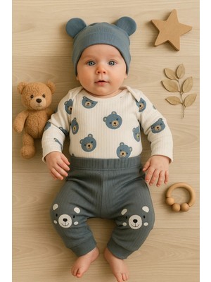 İsmiyle Al Kulaklı Ayıcık % 100 Pamuk 3'lü Erkek Bebek Takım