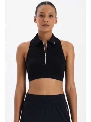 COMEUP Kadın Fermuarlı Pedli Polo Yaka Crop Top Siyah Kolsuz Günlük Stil Örme Kumaş