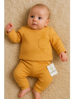 İsmiyle Al Zürafa Cep Nakışlı Omuzdan Düğmeli % 100 Pamuk Erkek Bebek Takım