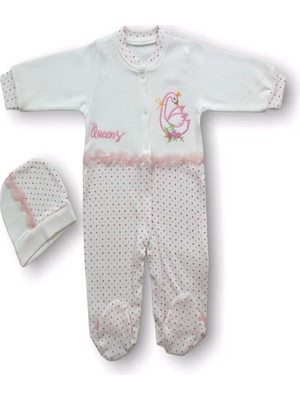 İsmiyle Al 0-3 3-6 6-9 Ay Kraliçe Kuğu Nakışlı Şapkalı Kız Bebek Tulumu Ekru