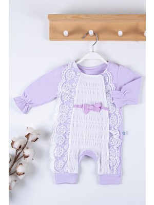 İsmiyle Al Gofralı Fransız Güpürlü % 100 Pamuk Kız Bebek Tulumu